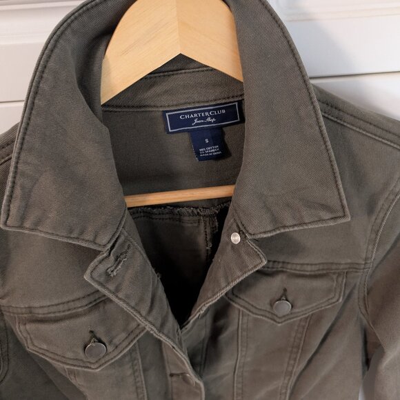 Charter Club Olive Green Cotton Stretch Denim Jacket Utility Chic Size S - Picture 2 of 11